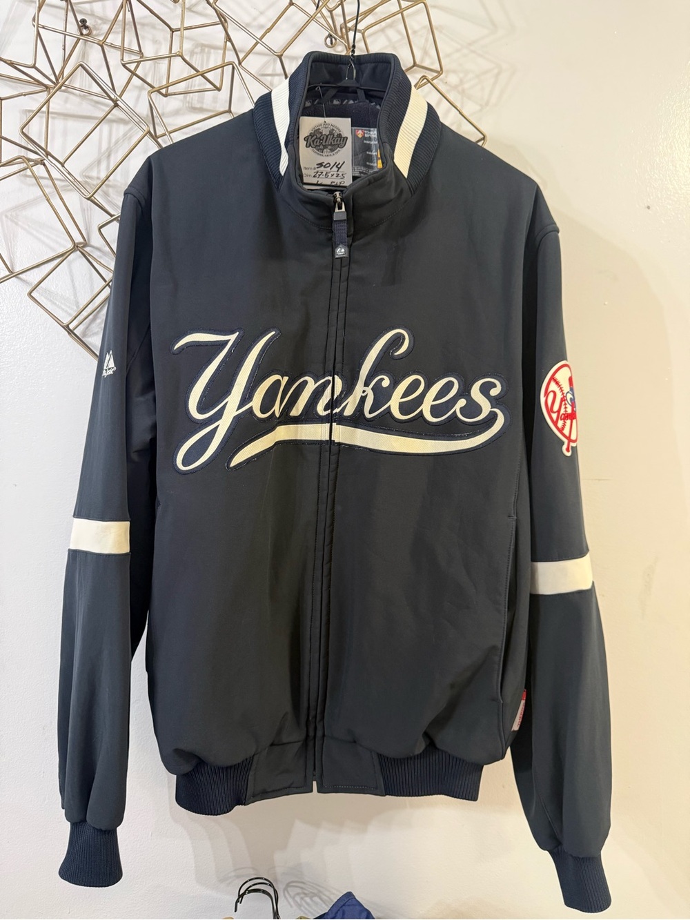 Majestic Navy and White Yankees Script Bomber Jacket